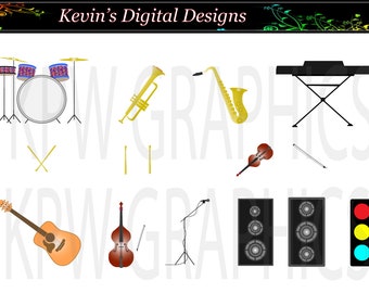 Conjunto de instrumentos musicales 2 y accesorios Clip-art Set en formato PNG (300ppi). Uso personal y pequeño comercial.