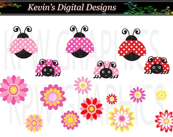 Red and Pink Ladybugs and Flowers Clipart Set in a PNG format. Personal & Small Commercial use (067)