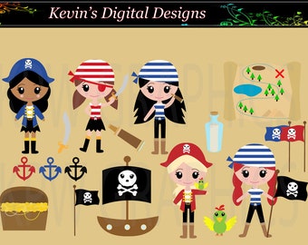 Pirate Girls Clip-art Set 1 in a PNG (300ppi) format. Personal & Small Commercial use (216)