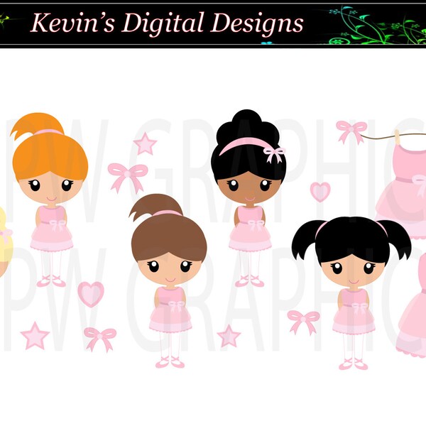 Pink Ballerina Ballet Girls Dolls Clip-art Set in a PNG (300ppi) format. Personal & Small Commercial use (061)