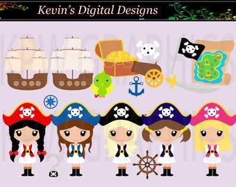 Girl Pirates Captains Clip-art Set in a PNG (300ppi) format. Personal & Small Commercial use (200)