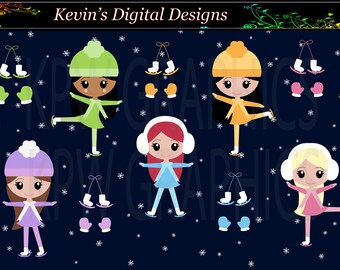 Winter Ice Figure Skaters Girls Clip-art Set in a PNG (300ppi) format. Personal & Small Commercial use (079)