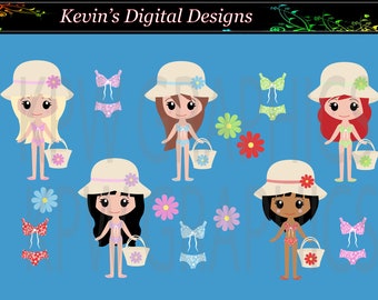 Beach Girls Dolls Clip-art Set 1 in a PNG (300ppi) format. Personal & Small Commercial use (064)