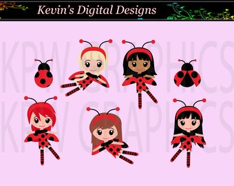 Ladybug Ladybird Girls Dolls Clip-art Set in a PNG (300ppi) format. Personal & Small Commercial use (092)