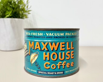 Lata de café vintage Maxwell House, década de 1940, sellada, sin abrir, lata antigua de tienda con llave.