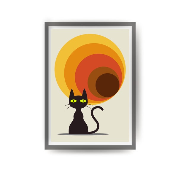 Mid Century Modern Art, 1970s Retro Decor, Cat Owner Gift, Black Cat Art Print, Retro Circles Print, Vintage Poster, Cat Pop Art Print