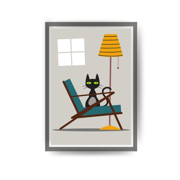 Mid Century Modern Art Print, Cat Owner Gift, Black Cat Art Print, Danish Teak Armchair, Cat Poster, Eames Chair Art, Living Room Wall Art