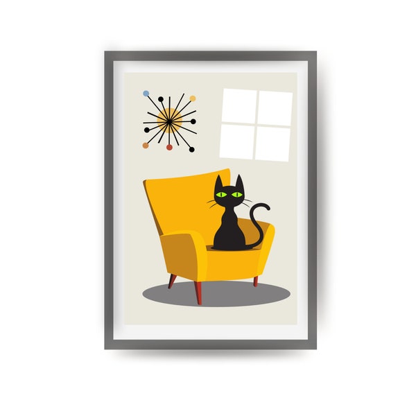 Mid Century Modern Art Print, Cat Lover Gift, Black Cat Art Print, Retro Yellow Armchair, Cat Poster, Black Cat Gift Idea, Retro Black Cat