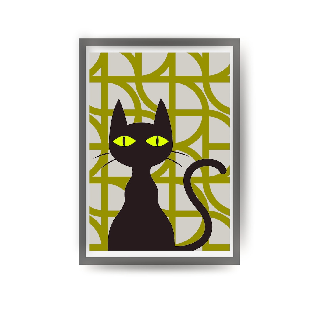 Mid Century Modern Art Print, Black Cat Print Gift, Geometric Patterned ...