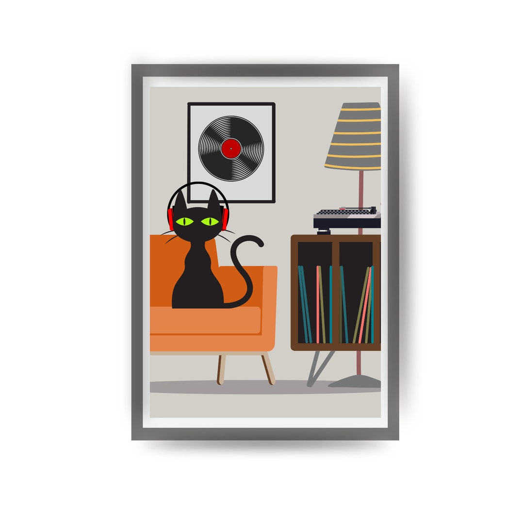 Mid Century Modern Art Print, Black Cat Art Poster, Retro Home Decor ...