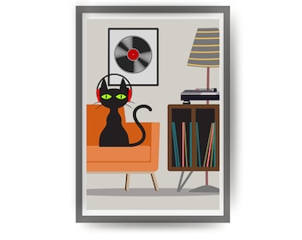 Mid Century Modern Art Print, Black Cat Art Poster, Retro Home Decor Print, Music Lover Gift, Record Collector Art Print, Cat Lover Gift