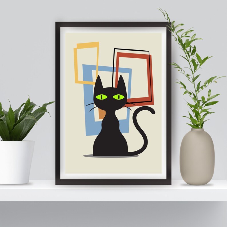 Mid Century Modern Cat Art Print Black Cat Art Retro Picture Etsy