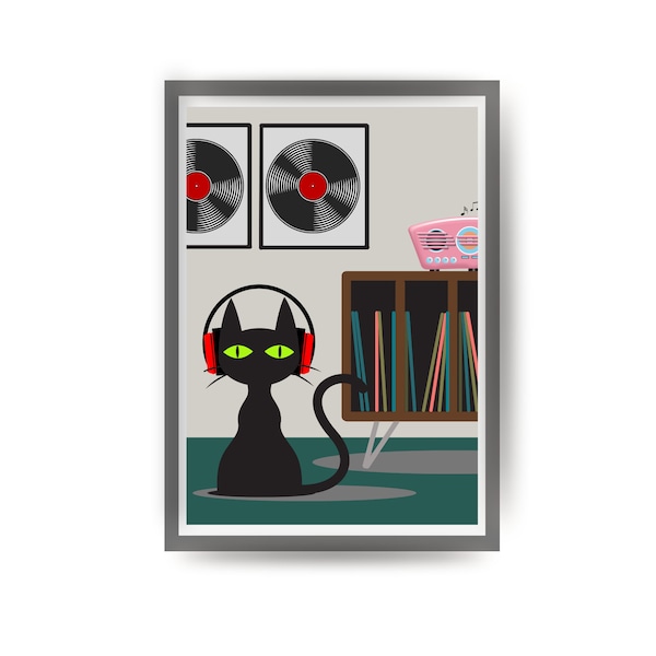 Mid Century Modern Art Print, Black Cat Art Poster, Retro Home Decor Print, Music Lover Gift, Record Collector Art Print, Cat Lover Gift