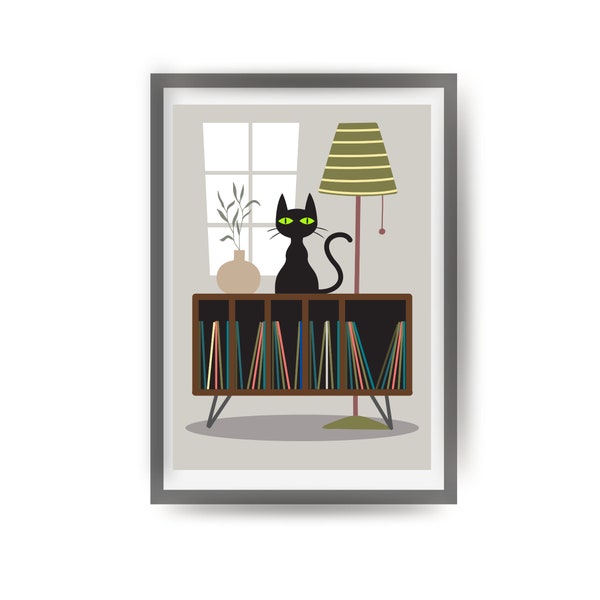 Mid Century Art Print, Atomic Cat Art Poster, Cat Retro Sideboard Print, Gift For Cat Mum Dad, Cat Lover Present, Cat Birthday Art Gift