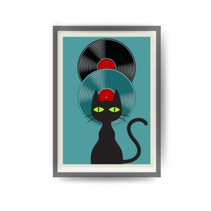 Black Cat Art Print, Rock Music Poster, Mid Century Modern Print, Atomic Cat, Vintage Vinyl Record Storage, Record Player, Cat Lover Gift