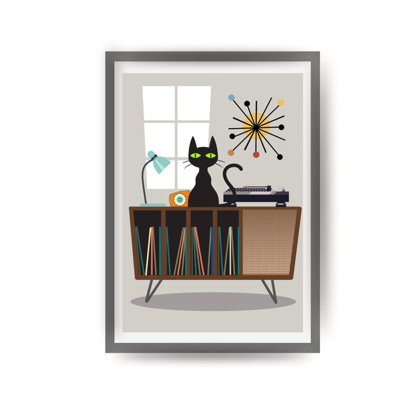 Mid Century Modern Art Print, Black Cat Art Poster, Retro Sideboard Print, Gift For New First Home, Cat Lover Gift, Cat Birthday Present