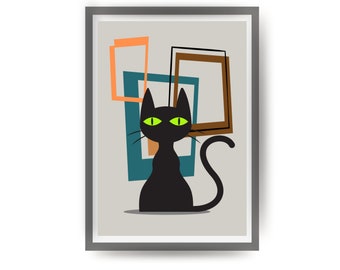 Mid Century Modern Cat Art Print, Black Cat Art, Retro Picture Frames, Cat Lover Gift, New Apartment Gift, New Home Gift, First House Print