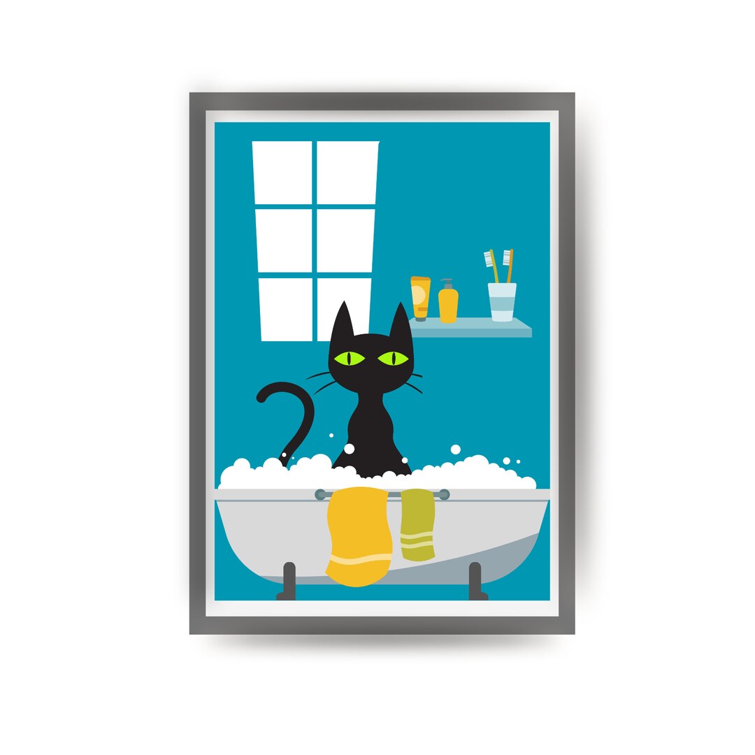 Mid Century Modern Art Print, Bathroom Art Print, Black Cat Bath Print, Retro Bathroom Art, Cat