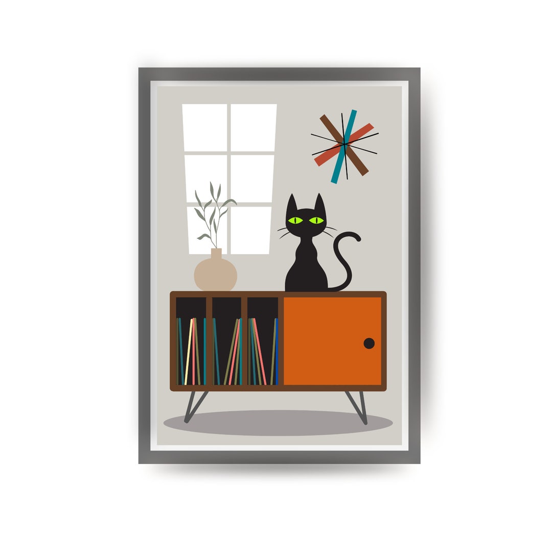 Black Cat Retro Art Print Mid Century Modern Wall Art Poster - Etsy