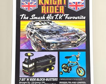 Anuncio impreso de juguetes Tri-ang de Knight Rider de época, página original de revista de 1984