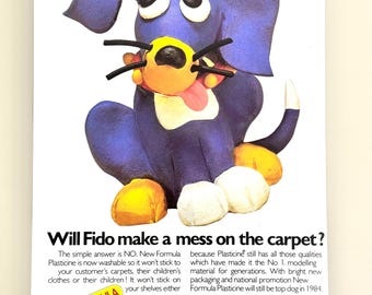 Vintage plasticine speelgoed advertentie print, originele tijdschriftpagina 1984, retro speelgoed muurkunst cadeau