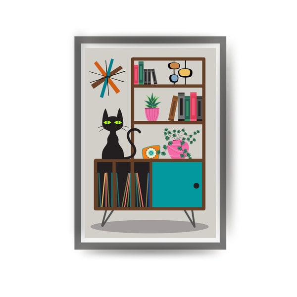 Mid Century Modern Art Print, Cat Owner Gift, Black Cat Wall Art, Retro Sideboard, Home Decor Cat Poster, Colourful Living Room Art Print