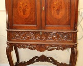 Satinwood Inlaid Walnut French Secretary Desk China Cabinet Liquor Bar C1920
