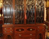 Best English Tiger Mahogany Inlaid Federal Breakfront China Cabinet Bookcase WOW