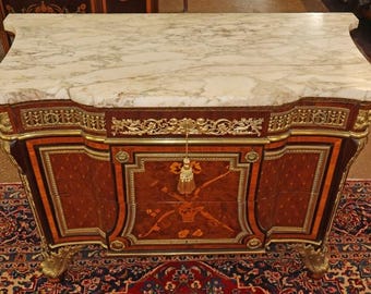 19th Century French Bronze Mount Inlaid Acajou Mouchete Riesener Style Commode