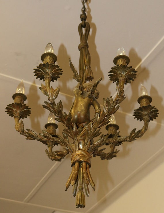 Superb Bronze French 6 Light Putti Cherub Chandelier Image 0