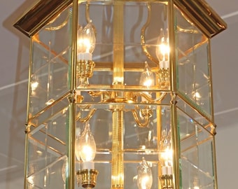 Vintage 8 Light Brass Etched Regency Style Chandelier Lantern