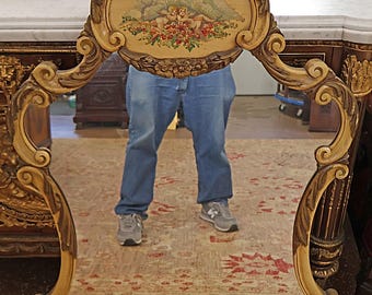 French Louis XV Trumeau Style Paint Decorated Putti Mirror Circa 1920's