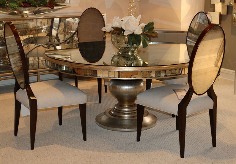 Incredible Antiqued Glass Eglimose Round Mirrored Dining Table