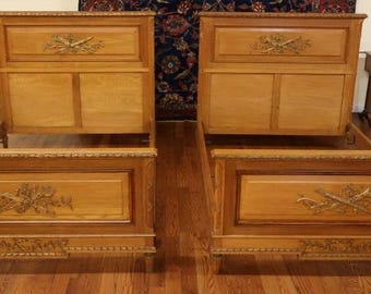Pair of 1920's Era Oak French Louis XVI Oak European Small Double Beds