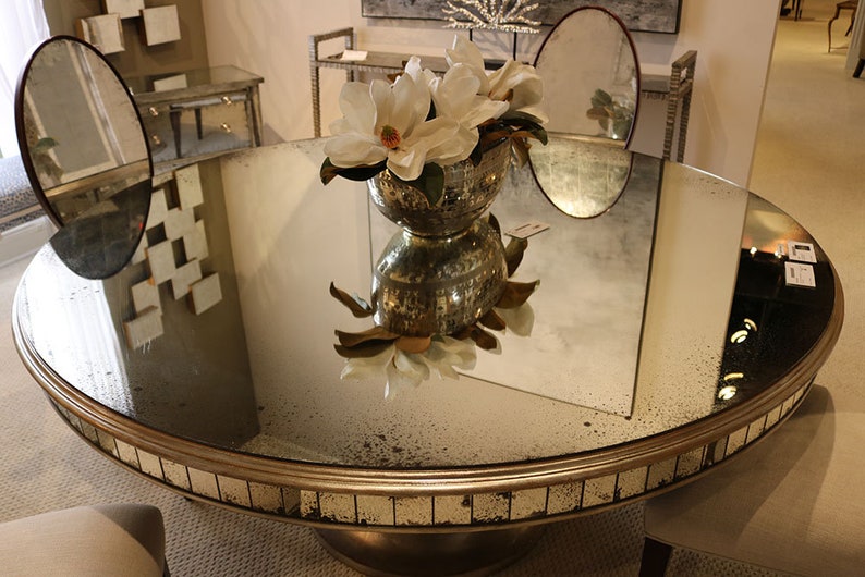 Incredible Antiqued Glass Eglimose Round Mirrored Dining Table