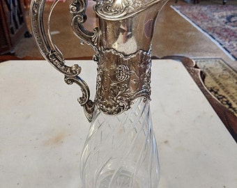 19th Century 800 Silver & Cut Glass Wine Claret Jug Ewer Pitcher By J.H Werner