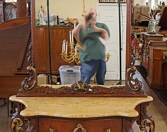 Mahogany Louis XV French Style Marble Top Console With Mirror