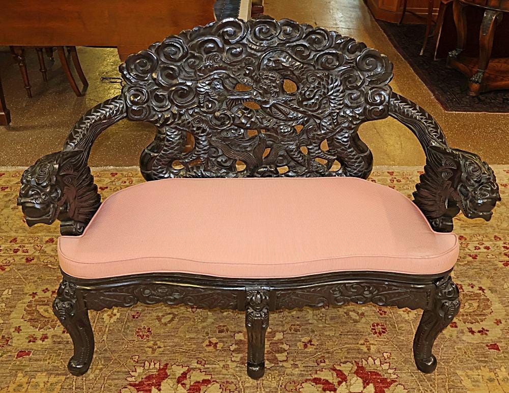Stunning Japanese Meiji Carved Teak Dragon Carved Bench Settee