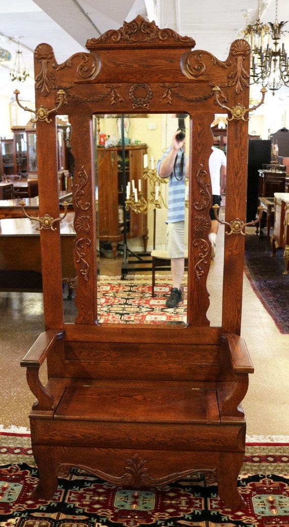 Nice Victorian Oak Hall Tree Mirror Bench Etsy