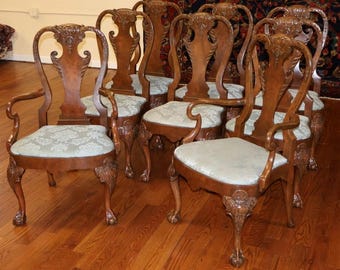 Set of 8 Burl Wood Chippendale Baker Furniture Stately Living Dining Chairs