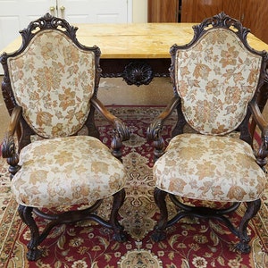 Beautiful Antique Pair French Louis XV Carved Walnut Shield Back Arm Chairs