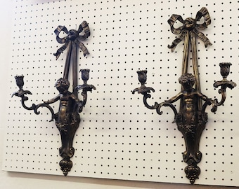 Nice Pair Cherub Gilded Metal Candelabra Sconces W Bows C1940s French