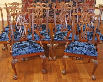 Set of 10 Ethan Allen Mahogany Chippendale Style Dining Chairs With Blue Fabric