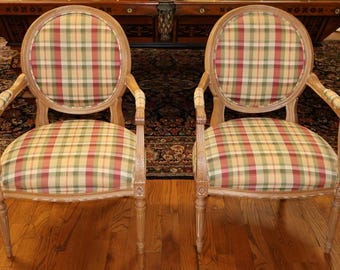 Vintage Pair of Ethan Allen French Style Fauteuil Armchairs