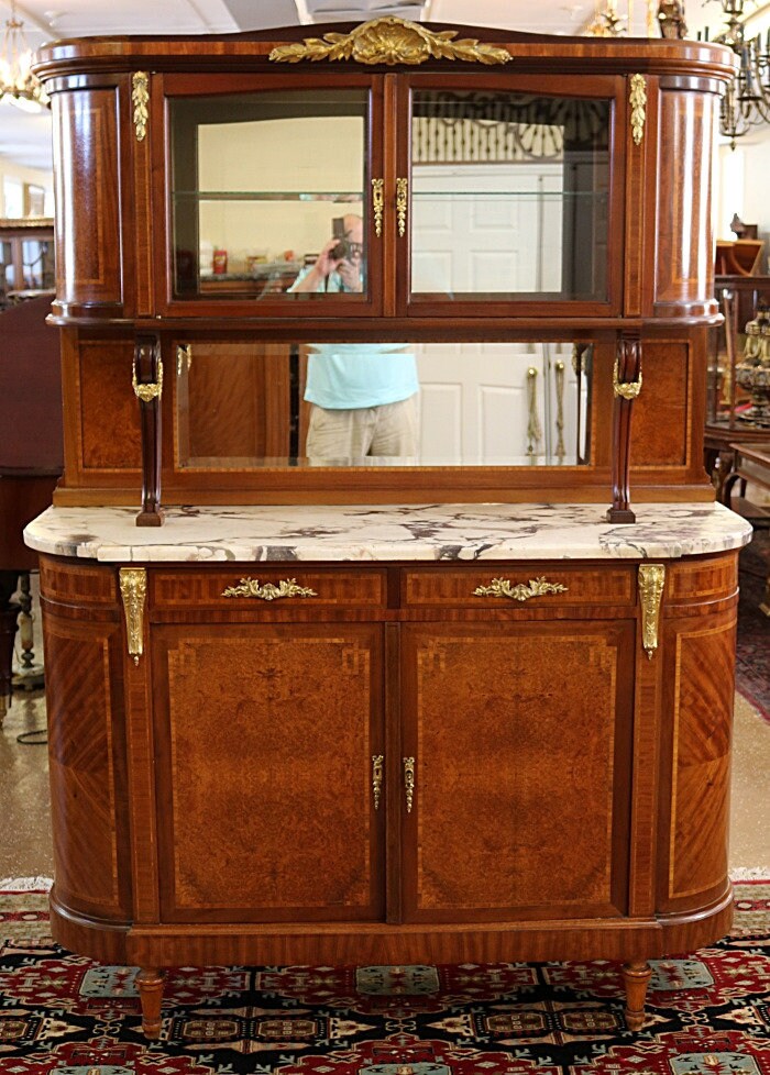 French Marble Top Inlaid Louis XVI Style Display Cabinet Sideboard