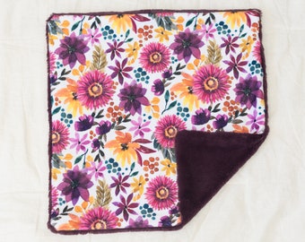 Spring flowers baby lovey; purple baby blanket, security blanket, minky toddler blanket