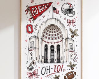 Whimsical Ohio State Stadium Print | Ohio Stadium Wall Art | Buckeyes Dorm Decor | Ohio State Graduation Gift | Hand Drawn College Football