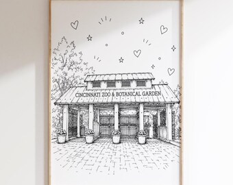 Cincinnati Zoo Print | Cincinnati Zoo & Botanical Garden Wall Art | Cincinnati Landmark Printable | Whimsical Black White Line Art | Ohio