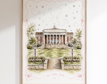 Whimsical Van Meter Hall Print | Western Kentucky University Wall Art | WKU Dorm Decor | Bowling Green Kentucky Campus Sketch | Feminine