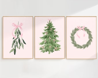 Set of 3 Coquette Christmas Preppy Vibes Prints, Mistletoe Wreath & Tree with Pink Bow, Watercolor Christmas Set, Dopamine Christmas